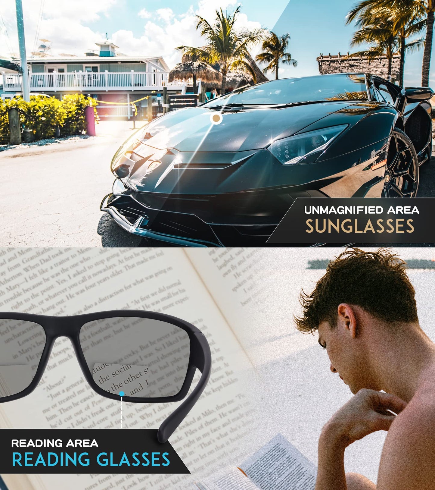 SKYOAK Premium Lightweight Bifocal Reading Sunglasses Men TR90 Frame Wrap Around Design Blue Light Blocker UV 400 Protection Outdoor Sun Reader Driving (Black +2.0)