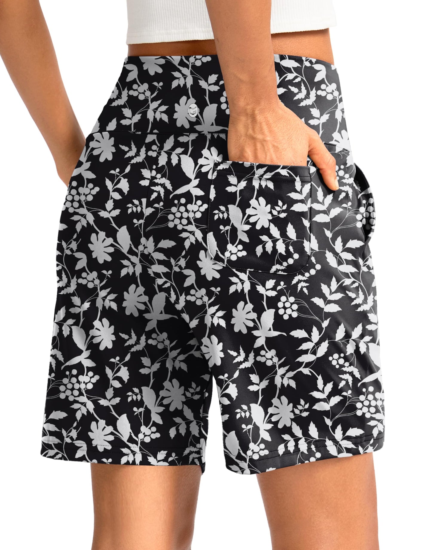 G Gradual Women's Bermuda Long Shorts with Pockets 7" High Waisted Knee Length Shorts for Women Walking Athletic Workout(White Flower-L7,S)