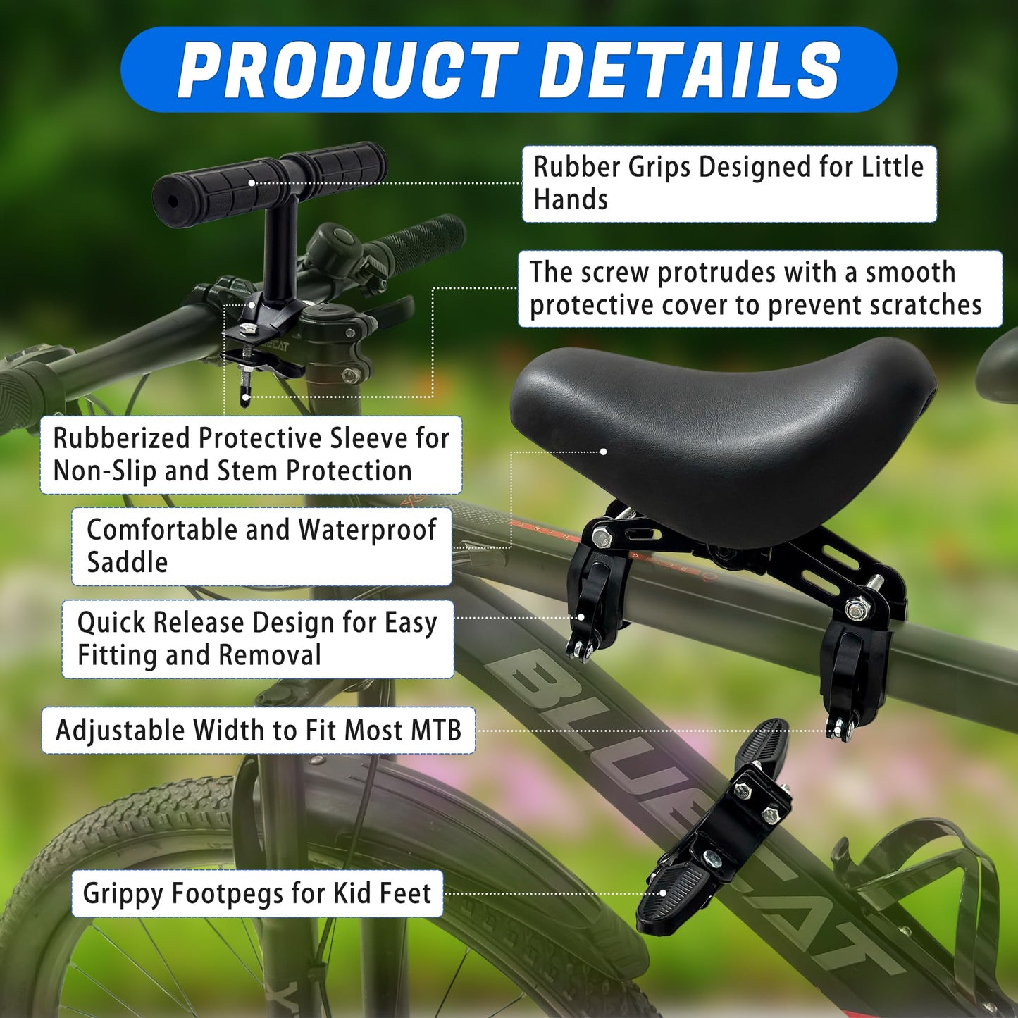 Alaxciax Front Mounted Bicycle Seats for Children, Kid Bike Seat Mountain with Handlebars Foot Pedals for Children 2~5 Years (Black) (Black)