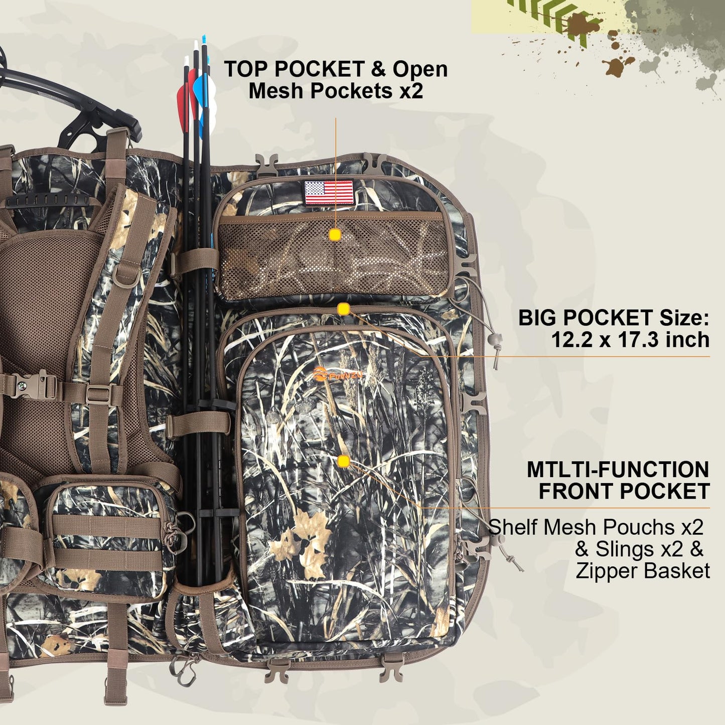 FunVZU Hunting Backpacks for Men, Saddle Hunting Bag with Bow Holder, Large Compound Bow Hunting Backpack & Duffle Bags, Deer Hunting Backpack with Rifle Holder (Marsh Reed)