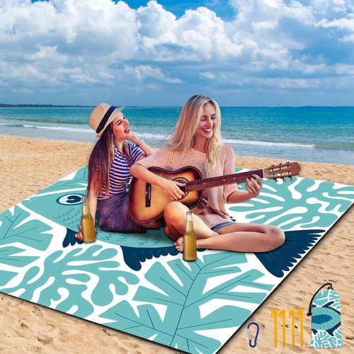 WTVIDAS Large Beach Blanket Waterproof Sandproof 79"x 83" for 1-4 Adults,Quick Drying Beach Mat,Lightweight & Durable,Beach Essentials for Family Beach Camping Travel Picnic(Green Fish)