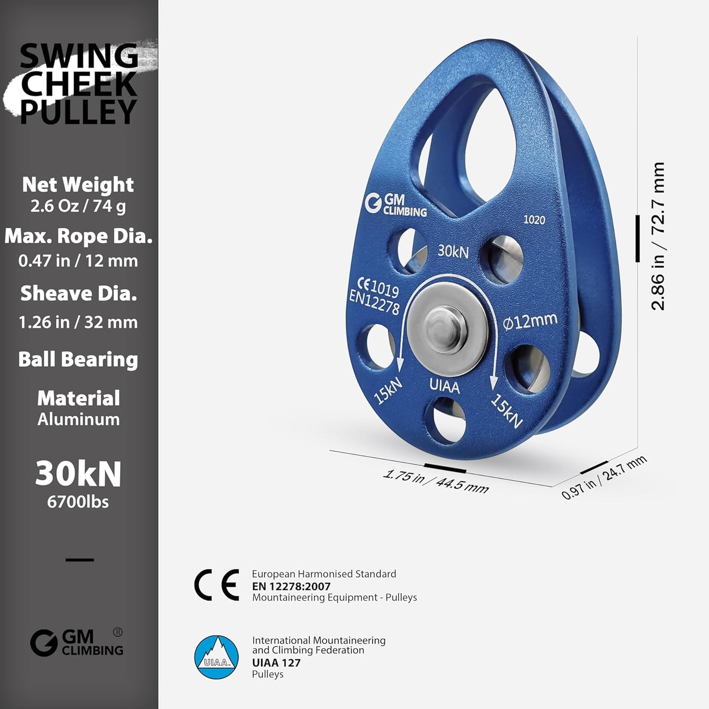 GM CLIMBING Swing Cheek Micro Pulley 30kN CE UIAA Certified