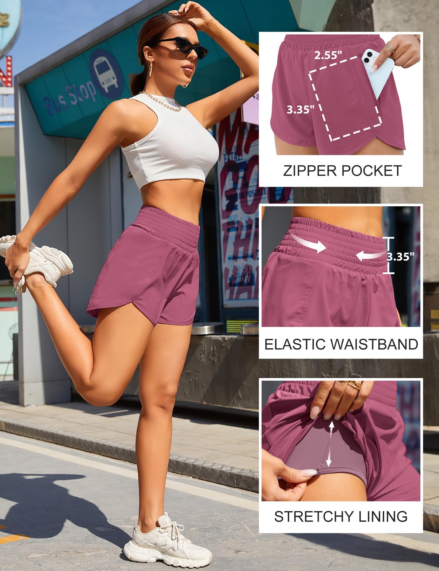 BMJL Women's Athletic Shorts High Waisted Running Short Pocket 2.5" Sporty Shorts Gym Elastic Workout Shorts(XXL,Bean Paste Red)