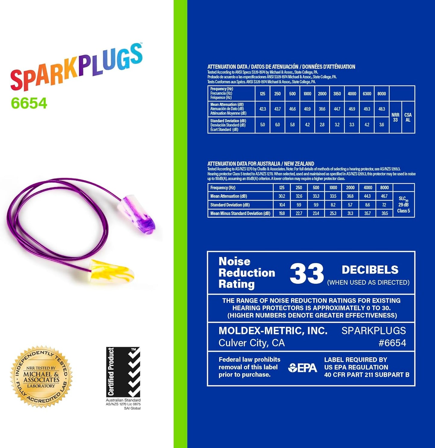 Moldex SparkPlugs® Corded Soft Foam Earplugs – Comfortable Disposable Ear Plugs for Hearing Protection, Noise Reduction, NRR 33dB, Individually Wrapped, 100 Pairs, 6654