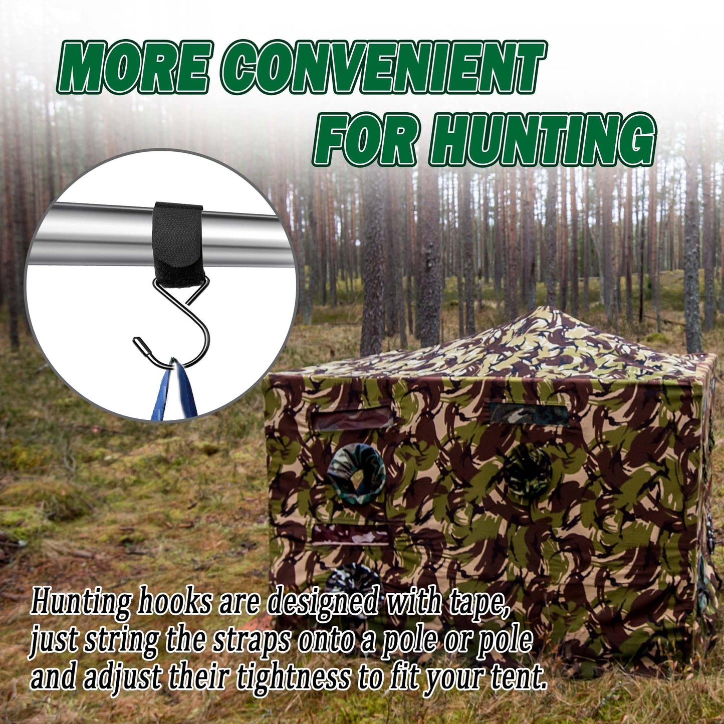 HZCGJMY 10Pcs Outdoor Hunting Tent Hanging Hooks Black Hunting Shelter Hooks Multi Functional Metal Hooks with Straps Adjustable Velcro Hooks for Outdoor Hunting Camping Hiking Ice Fishing
