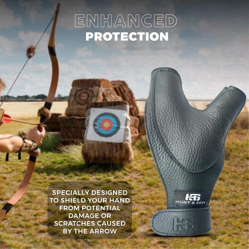 Hunt & Seek Thick Cow Leather Archery Hand Guard Protector Bow Glove for Traditional Long Recurve & Compound Bow (Black, Large, Right)