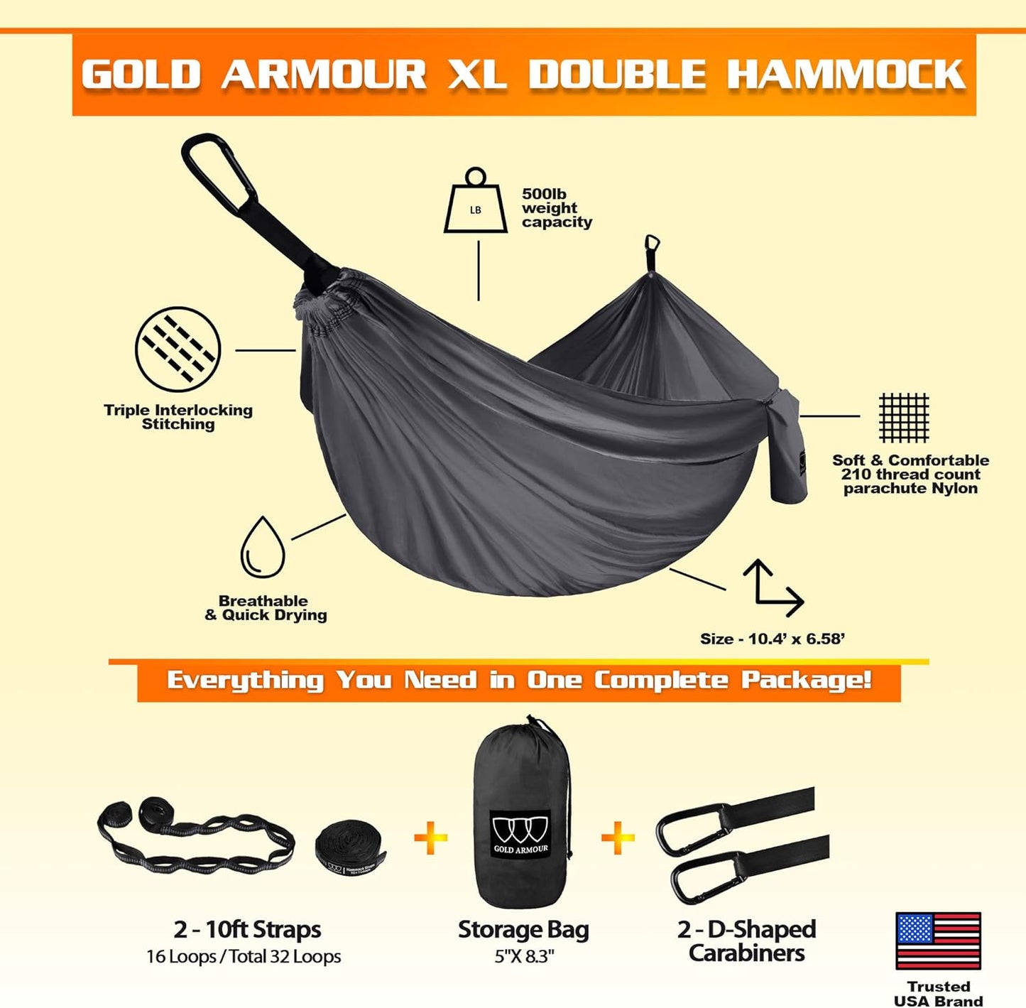 Gold Armour Camping Hammock - XL Double Hammock Portable Hammock Camping Accessories Gear for Outdoor Indoor with Tree Straps, USA Based Brand (Gray)