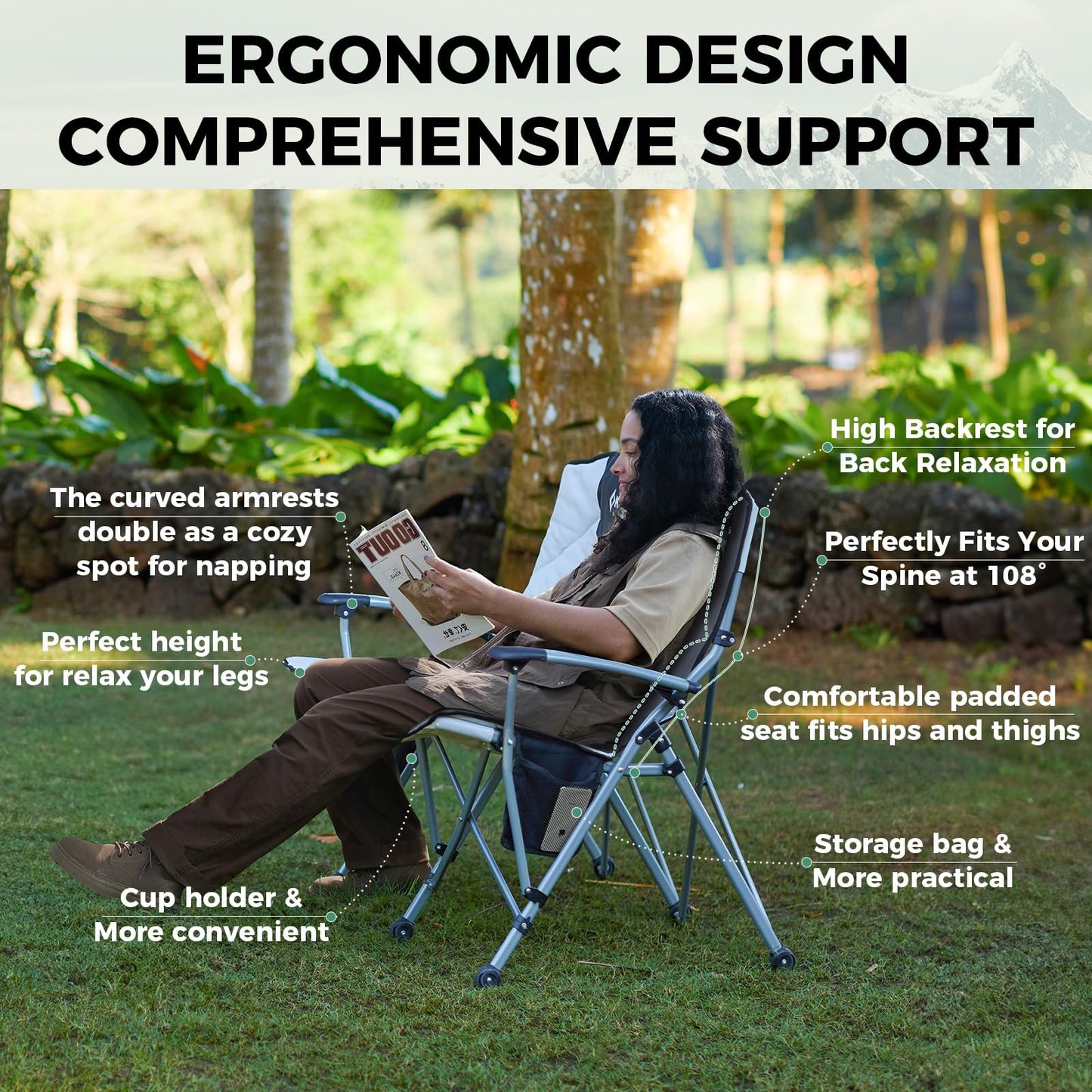 KingCamp Double Camping Chair for Adults, Oversized 2-Person Portable Folding Chair 600 lbs Heavy Duty Outdoor Loveseat with Armrest Cup Holders, Padded Seat and Back for Camping Picnic Patio