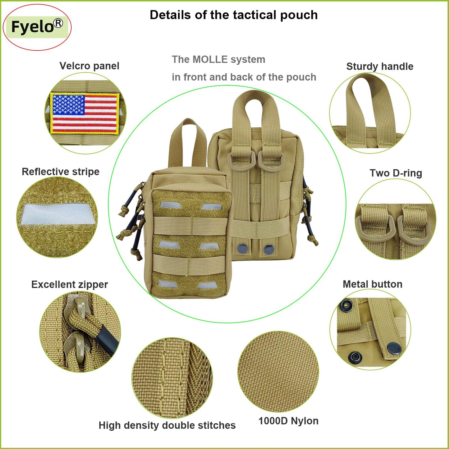 Fyelo Tactical Pouch Water-Resistant Molle Multi Functional EDC Tool Compact Bag with Strap Black/Brown/Green MOLLE Pouches (Black)