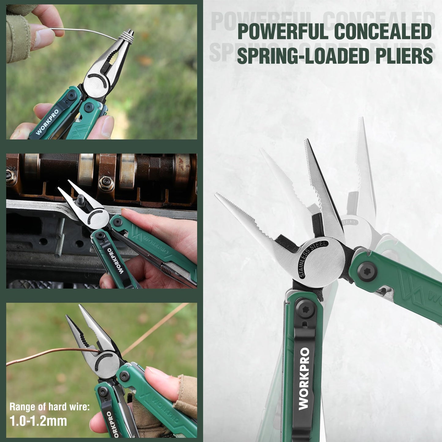 WORKPRO 18-in-1 Multi Tool Pliers, Gifts for Men, Stainless Steel EDC Multitool with Pocket Knife, 2 Safety Locks, Belt Clip and Oxford Pouch, Utility Multiuse Tool for Camping