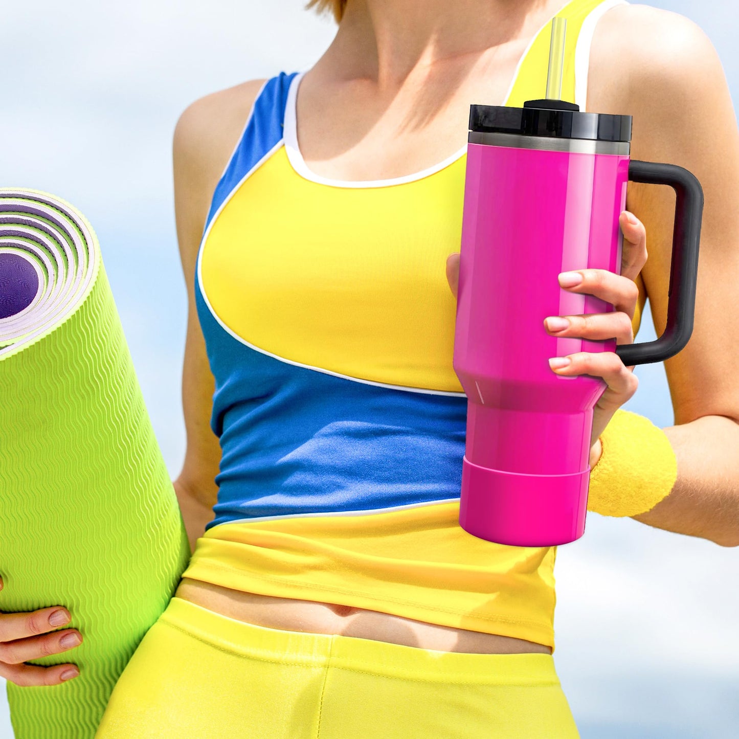 2Pcs Neon Protective Silicone Boot for Stanley Cup 20-40oz, Hydro Flask 12-24oz & Simple Modern 20-40oz, Antislip Sleeve for More Tumbler & Water Bottle with 2.8-2.95" Base, Electric Pink & Neon Green