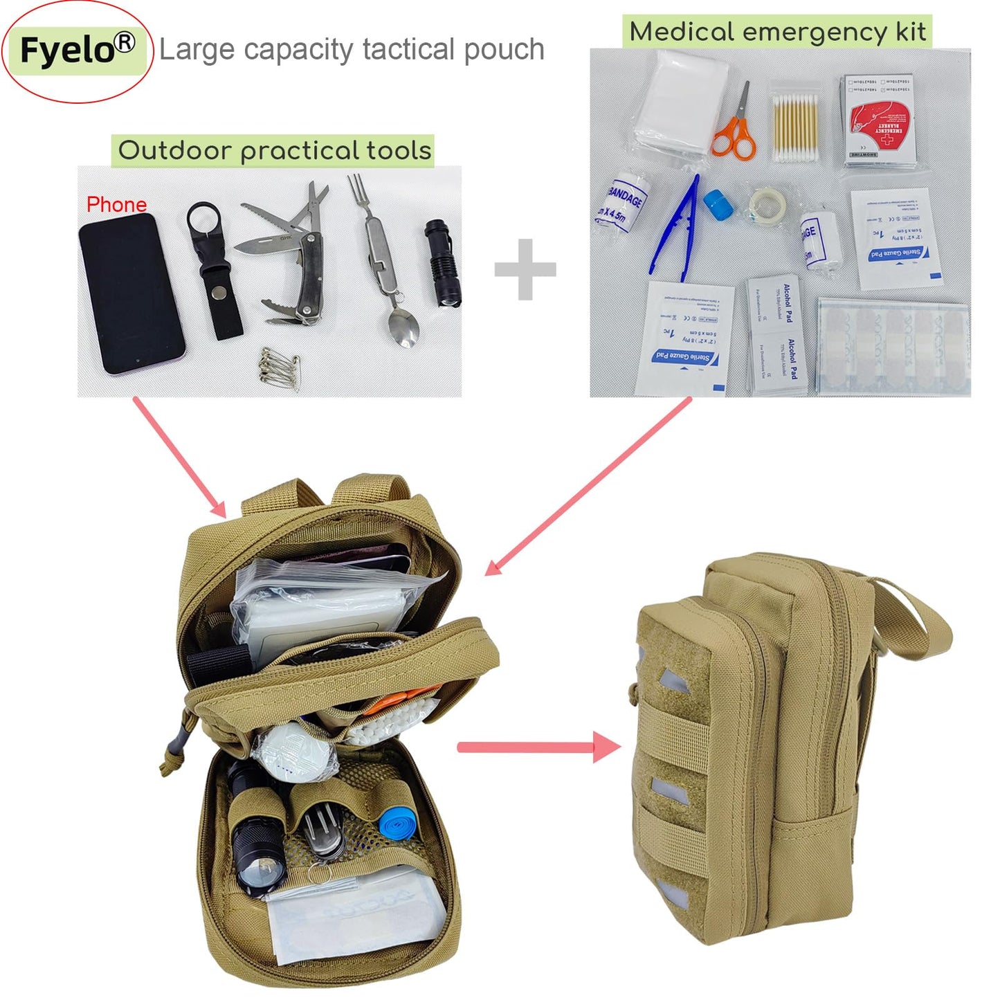 Fyelo Tactical Pouch Water-Resistant Molle Multi Functional EDC Tool Compact Bag with Strap Black/Brown/Green MOLLE Pouches (Black)