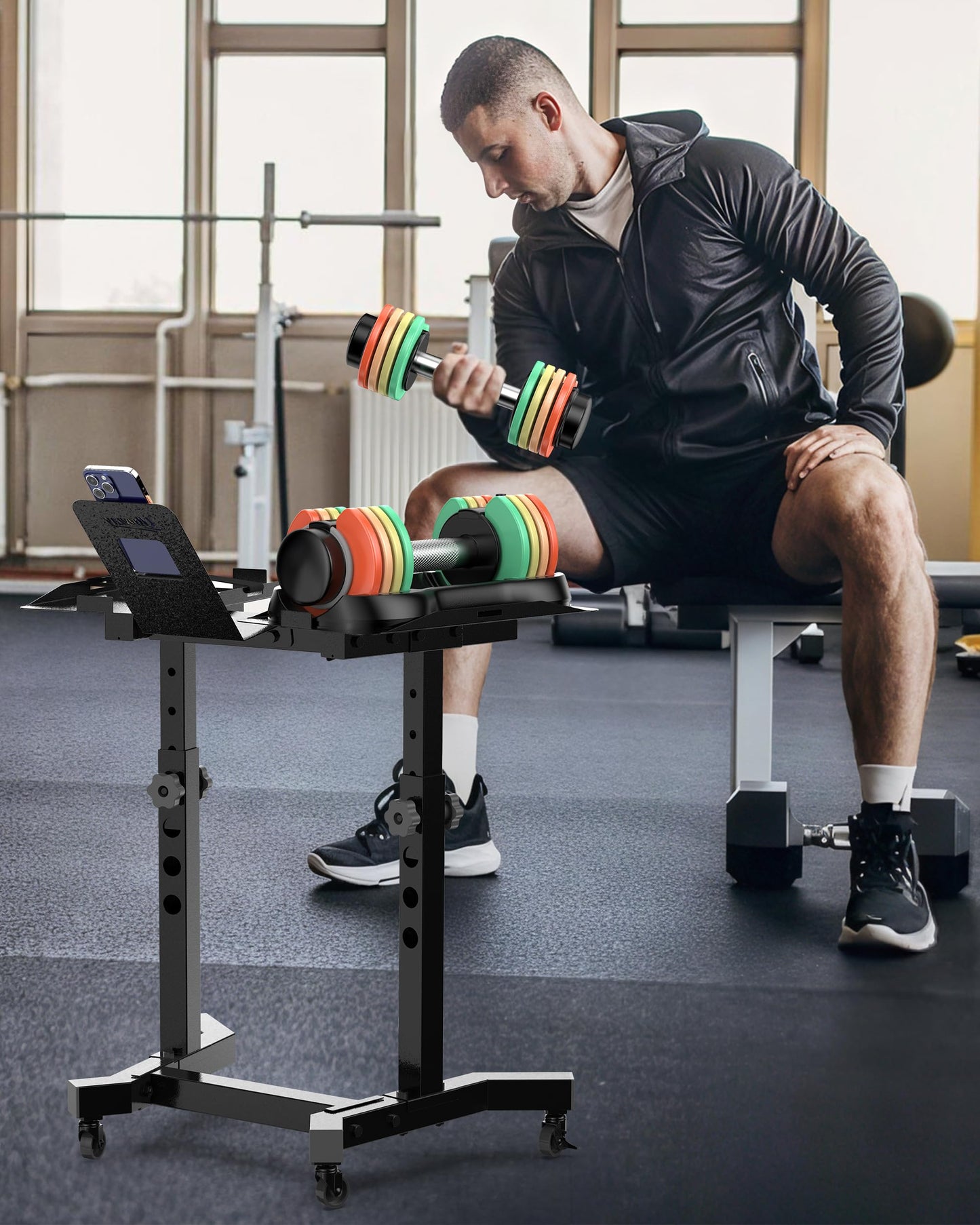 Adjustable Dumbbell Stand - Uboway Weight Stand with 4 Level Height Adjustment, Dumbbell Weight Rack with Tablet Holder and Durable Casters, Weight Holder for Adjustable Dumbbell Set, 2025 Upgrade Design （Bonus Foot Pads）