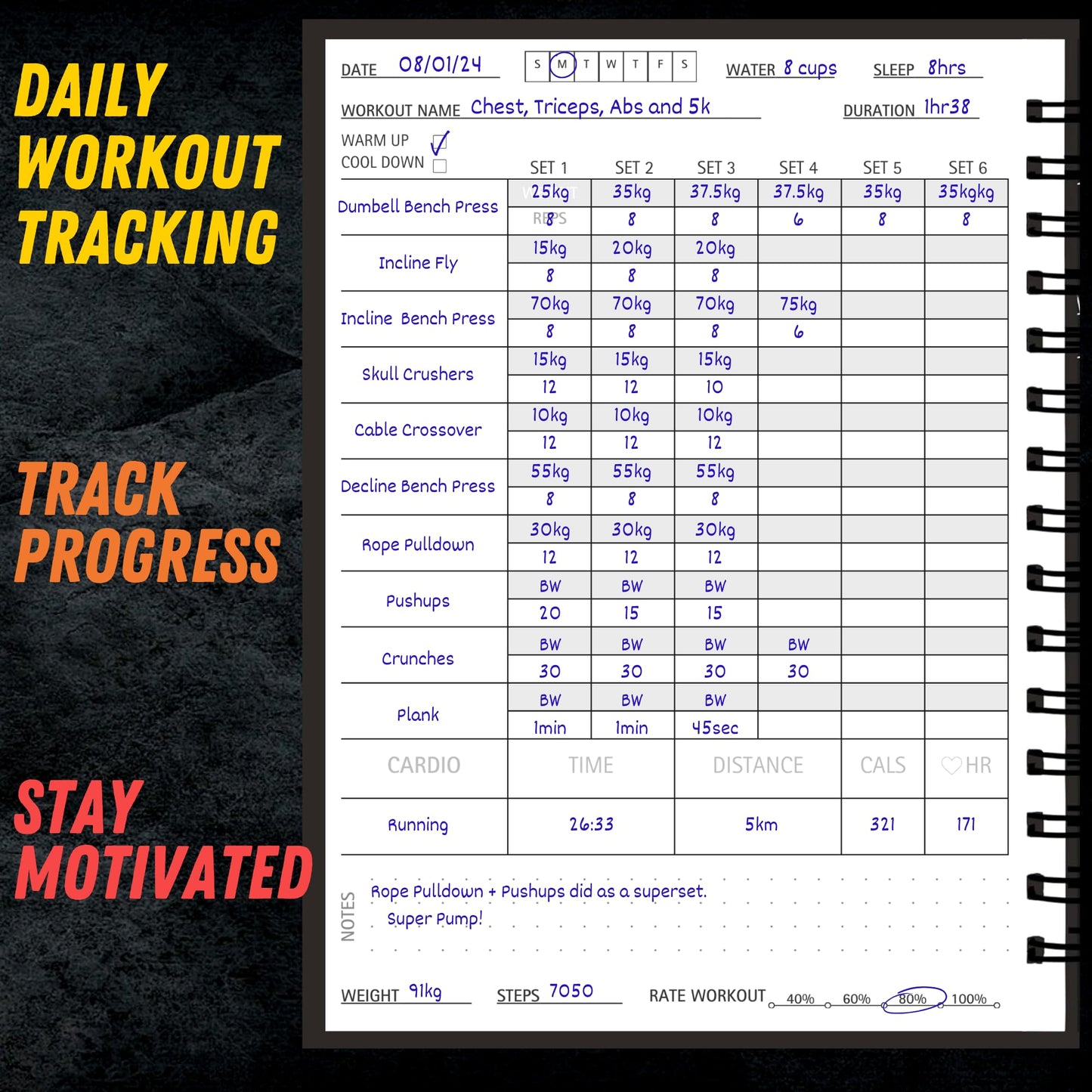 Gym Workout Journal (A5) - Hardback Leather PU Workout Tracker (128 Workouts) - Set Goals & Track Progress | Premium Fitness Journal & Log Book by Gorilla Fit