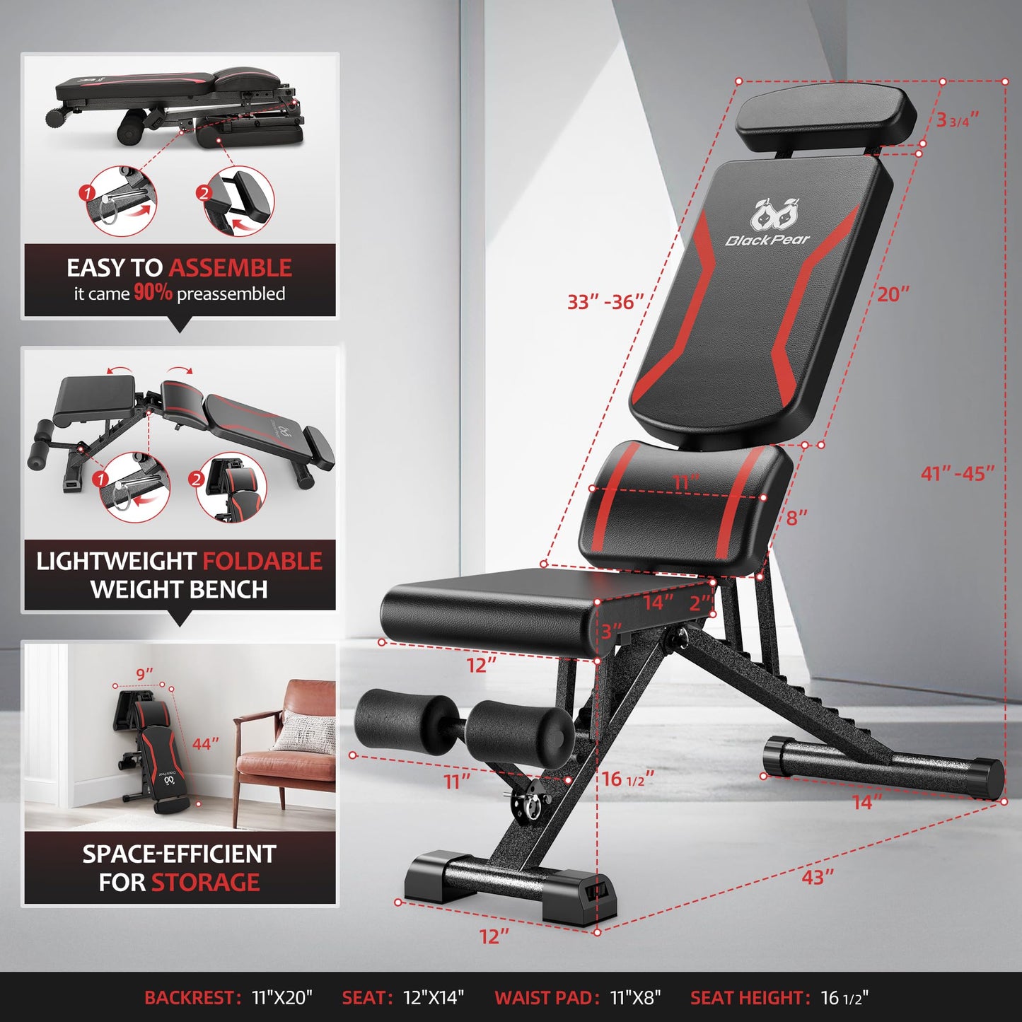 Adjustable Weight Bench for Home Gym with Headrest - Foldable Workout Bench Press, 800lb Capacity for Exercises Incline Flat Decline Sit-Ups