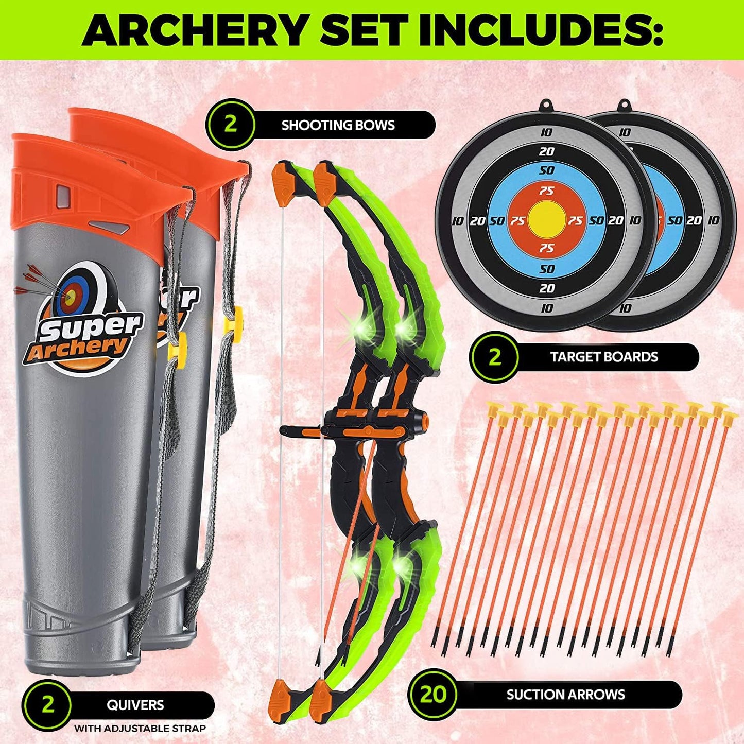 ToyVelt Kids Bow and Arrow Set - Light-Up Archery Set with 6 Suction Arrows, Target and Quiver - Outdoor and Indoor Toy for Boys and Girls Ages 4-12 (Green)