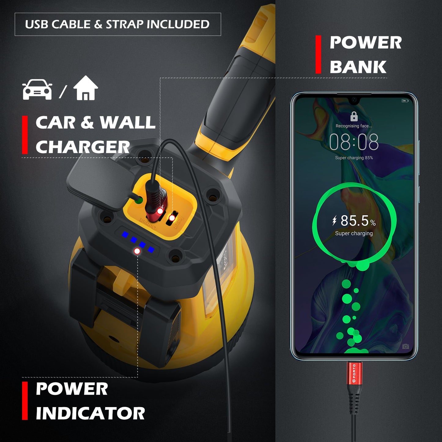 FORTO Rechargeable Spotlight, 200000 Lumens Handheld Spot Light with Foldable Stand, 6 Modes IPX7 Waterproof LED Spot Lights for Walk The Dog Hunting Camping Hiking Boating (Yellow)