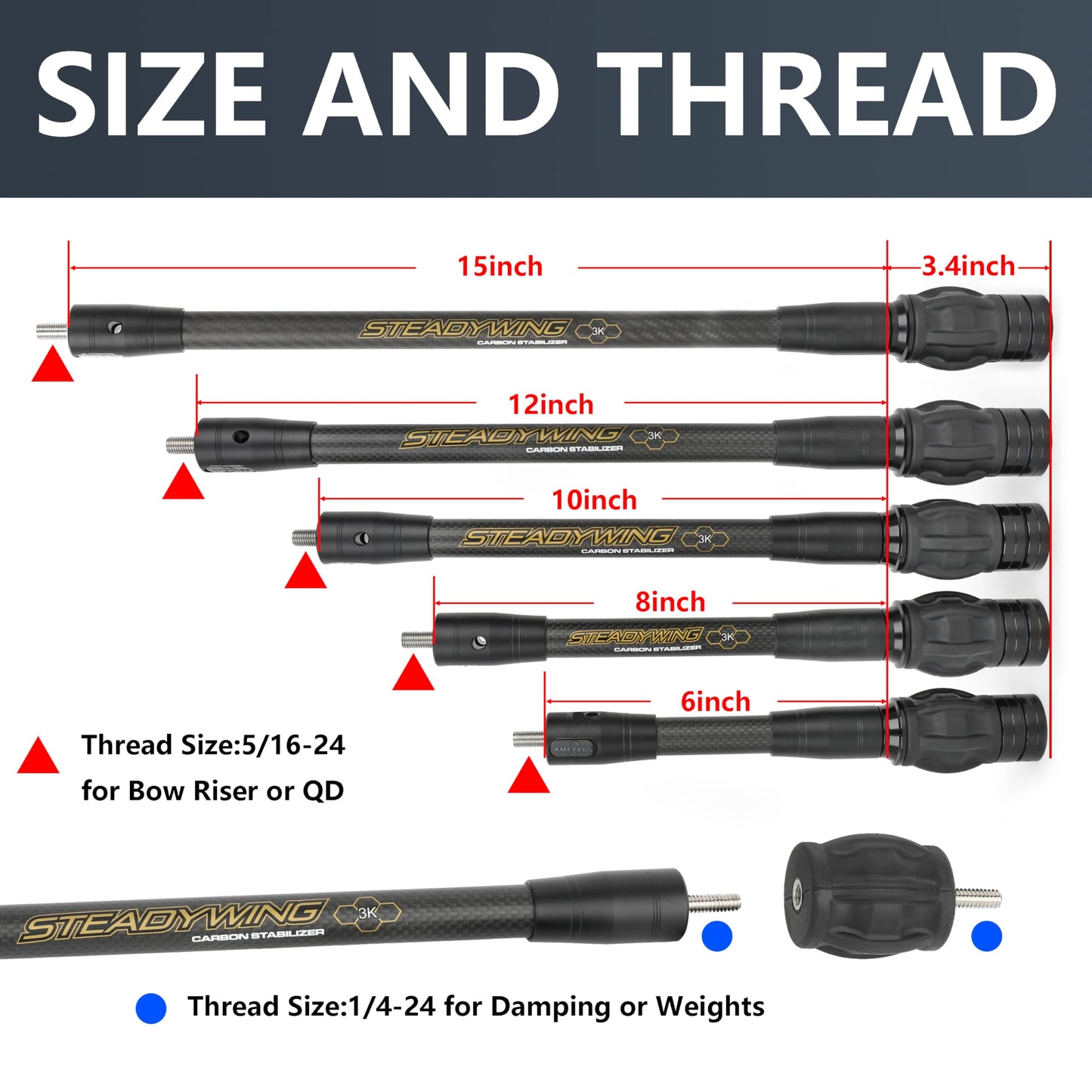 AMEYXGS Archery Bow Stabilizer for Compound Bow, 3K Carbon Fiber 6", 8", 10", 12" Rods, Damping System, Weights Kit, Single Side V-Bar Mount,Quick Disconnect (10″)
