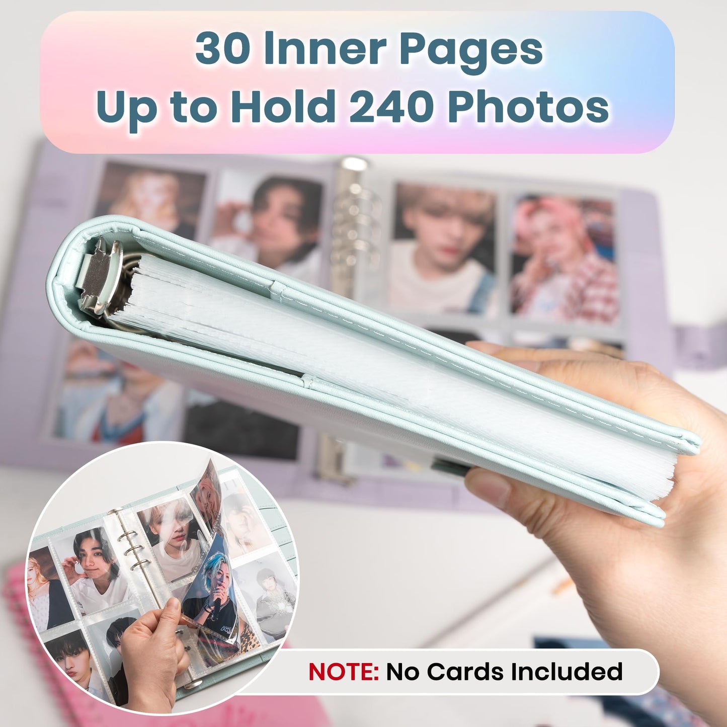 A5 Kpop Photocard Binder, 6 Ring Card Collector Album with 240 Card Slots, 30 Double-Sided Photocard Sleeves, PU Leather Binder Cover for Organizing K-pop Trading Cards