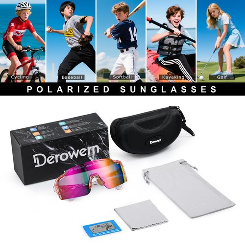 Derowern Kids Sunglasses Polarized Youth Baseball Sunglasses Sports TR90 Lightweight Frame Sun Glass for Boys Girls Age 10-14 Softball Cycling Running