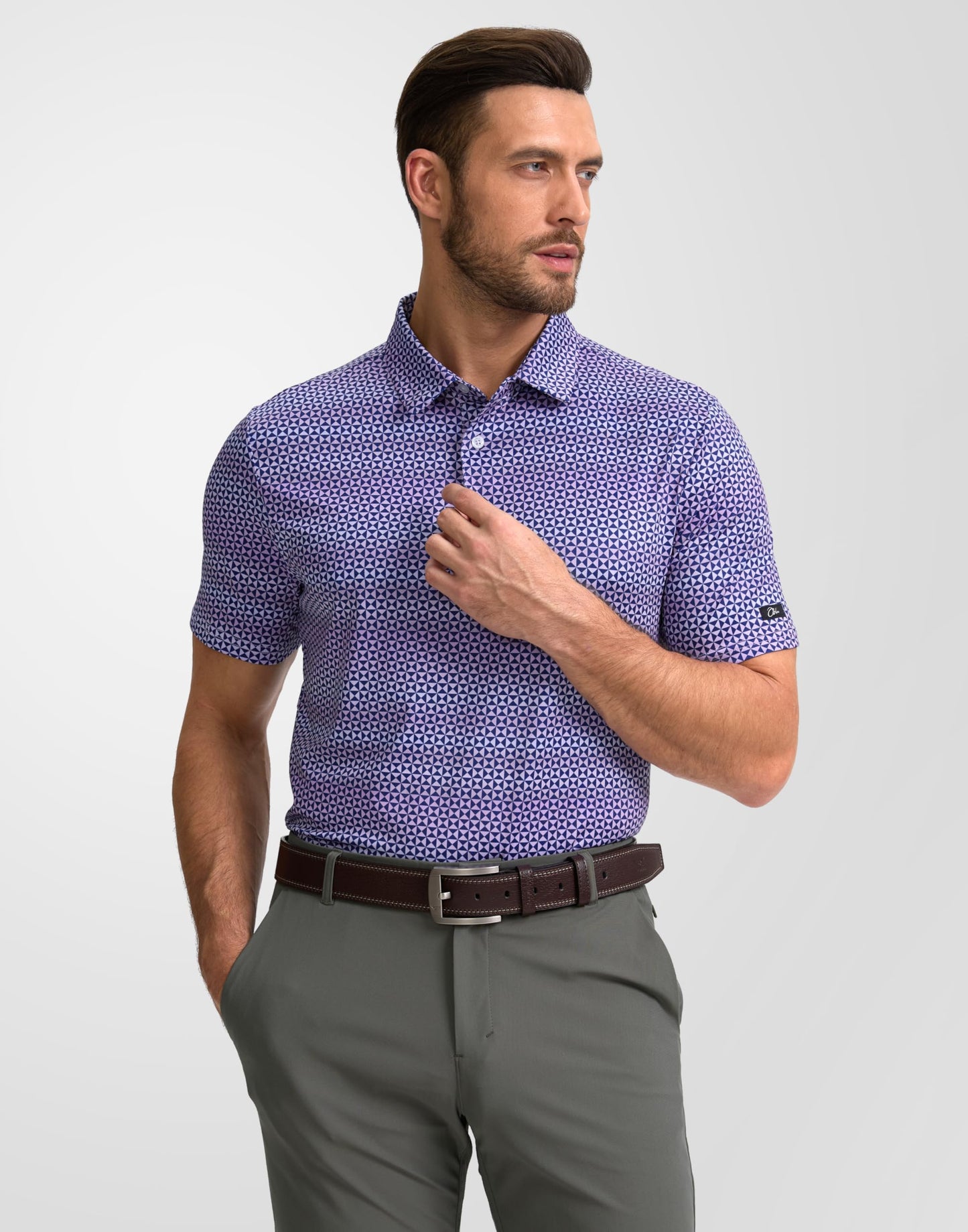 Obla Mens Golf Polo Shirts Short Sleeve Dry Fit Performance Moisture Wicking Casual Print Collared Golf Shirts for Men(Purple Square_XXL)