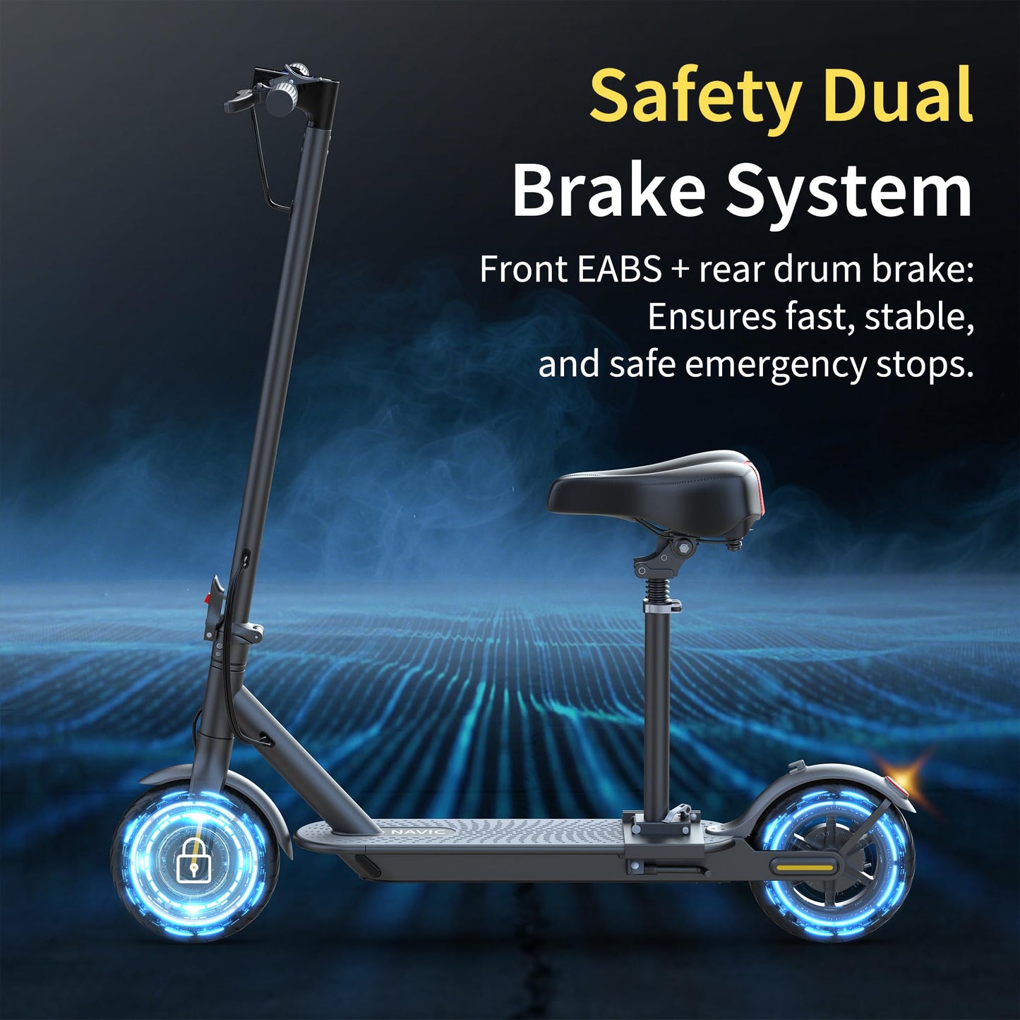 NAVIC Electric Scooter, Folding E Scooter for Adults with Seat, 8.5" Solid Tires, 350W Motor, Max Speed Up to 16MPH, 21 Miles Long-Range, Portable Commuting Scooter with Double Braking, APP