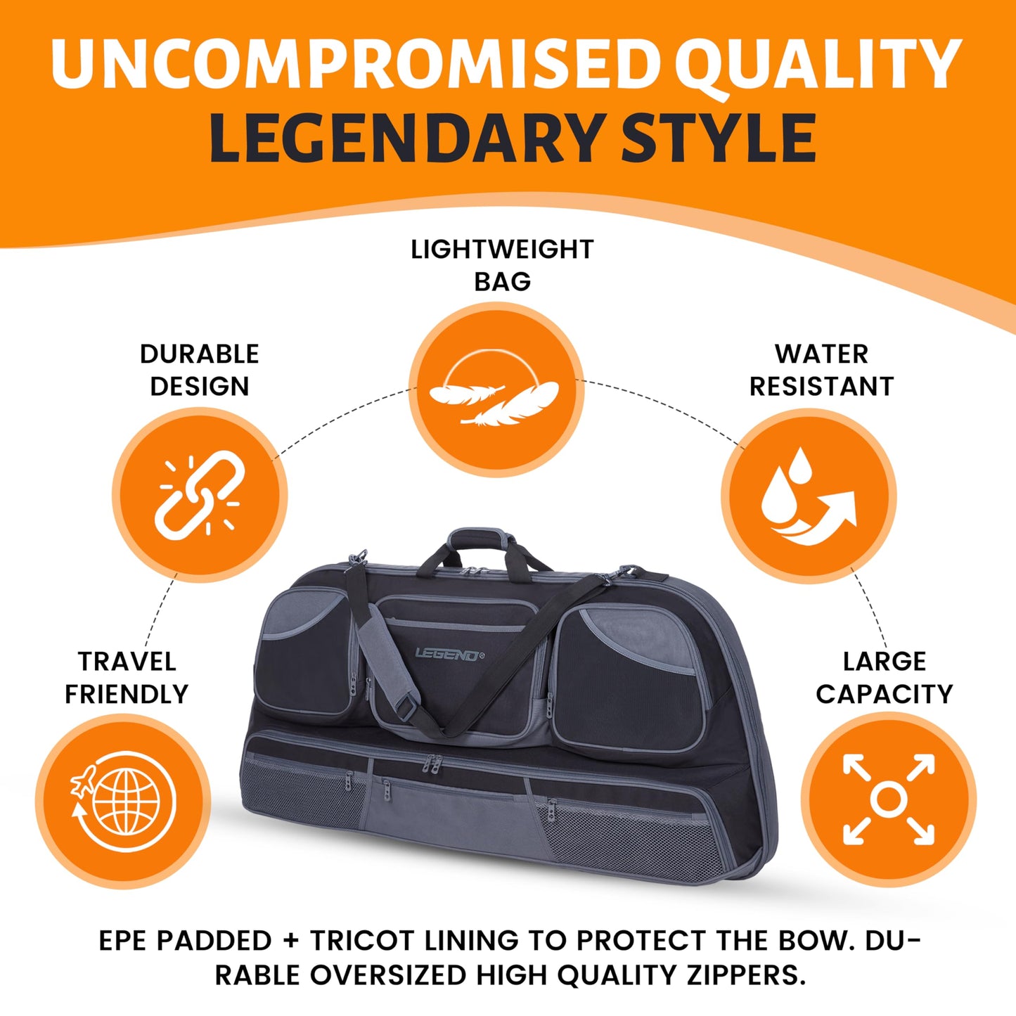 Legend Numa Premium Compound Bow Case - Durable Archery Case with Large Capacity, Compound Soft Bow Cases with Cam protector, Foam Padding, Multiple Mesh Pockets for Archery Accessories - BlackGray