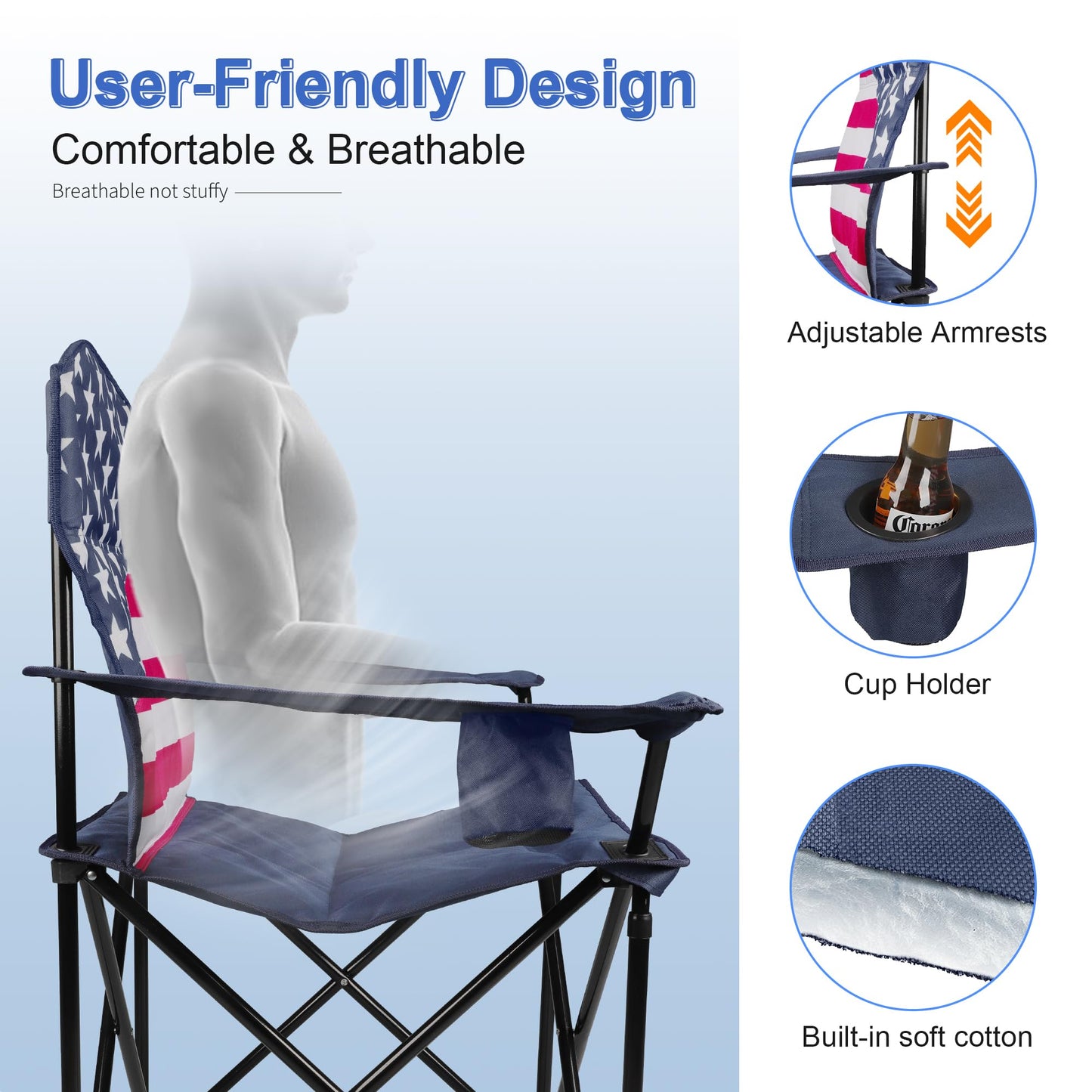 Folding Camping Chairs 2 Pack:Oversized Padded Lawn Chair for Adult,Collapsible for Outdoor,Camp,Fishing & Garden,350-lbs Capacity,American Flag