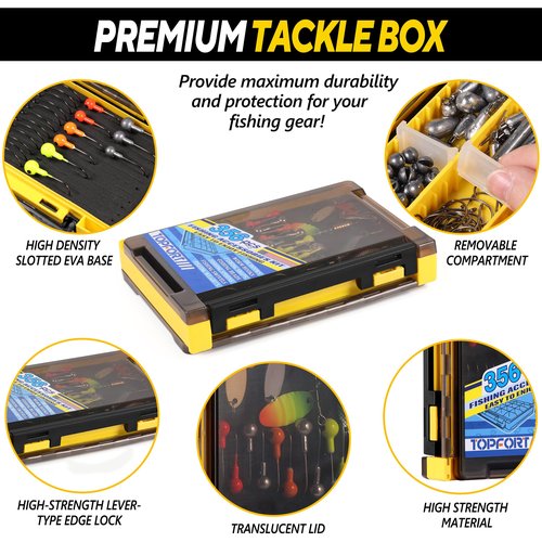 TOPFORT 356PCS Abundant Fishing Accessories Kit with Double-Side Fishing Tackle Box, Fish Gear and Equipment Include Fishing Hooks Jig Head Fishing Weights Sinkers for Trout Bass Crappie