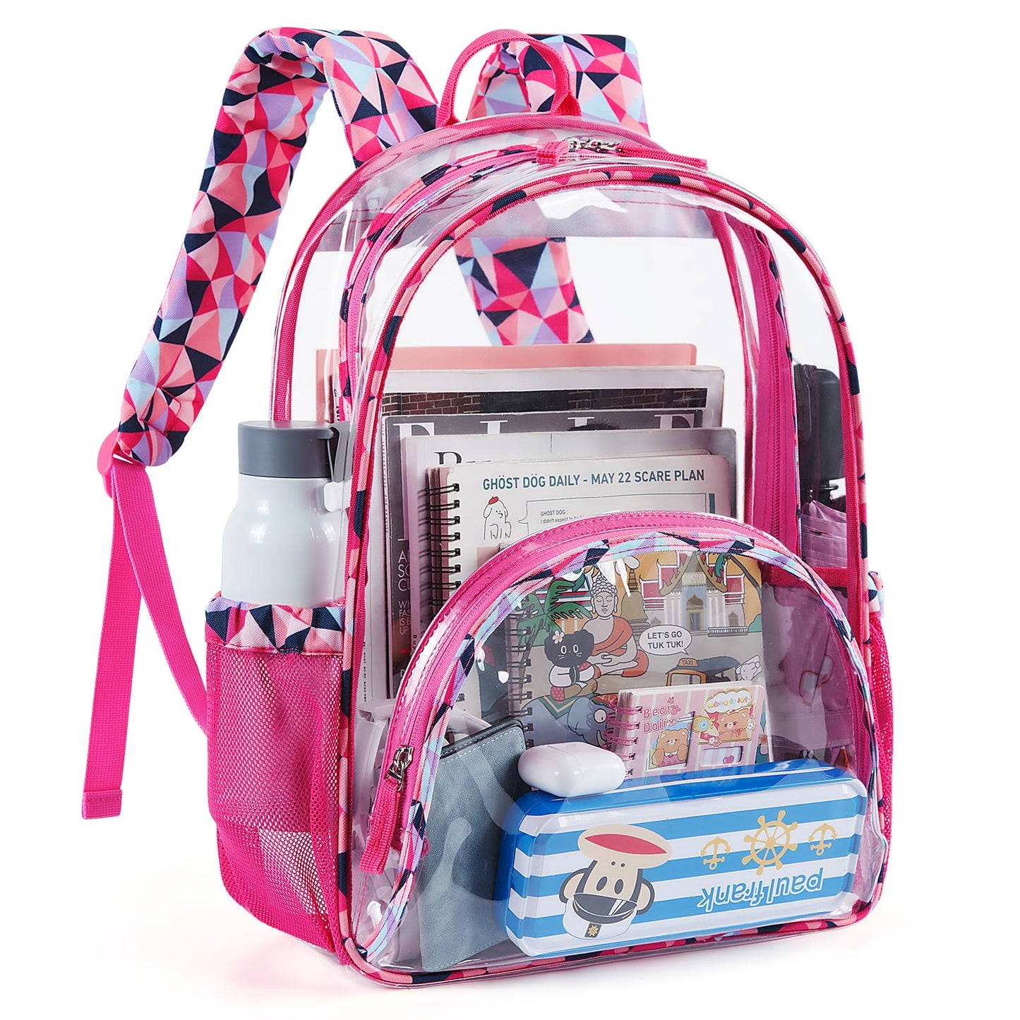 LIGHT FLIGHT Large Clear Backpack with Reinforced Padded Straps Heavy Duty PVC Transparent Backpack See Through Bookbags for Work,Travel,pink