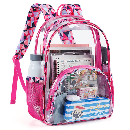 LIGHT FLIGHT Large Clear Backpack with Reinforced Padded Straps Heavy Duty PVC Transparent Backpack See Through Bookbags for Work,Travel,pink