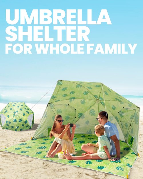 OutdoorMaster Pop Up Beach Umbrella, Portable Tent Shelter, Beach Shade Sun Canopy with UPF 50+ UV Protection, Extendable Floor with Carrying Bag - Golden Amber