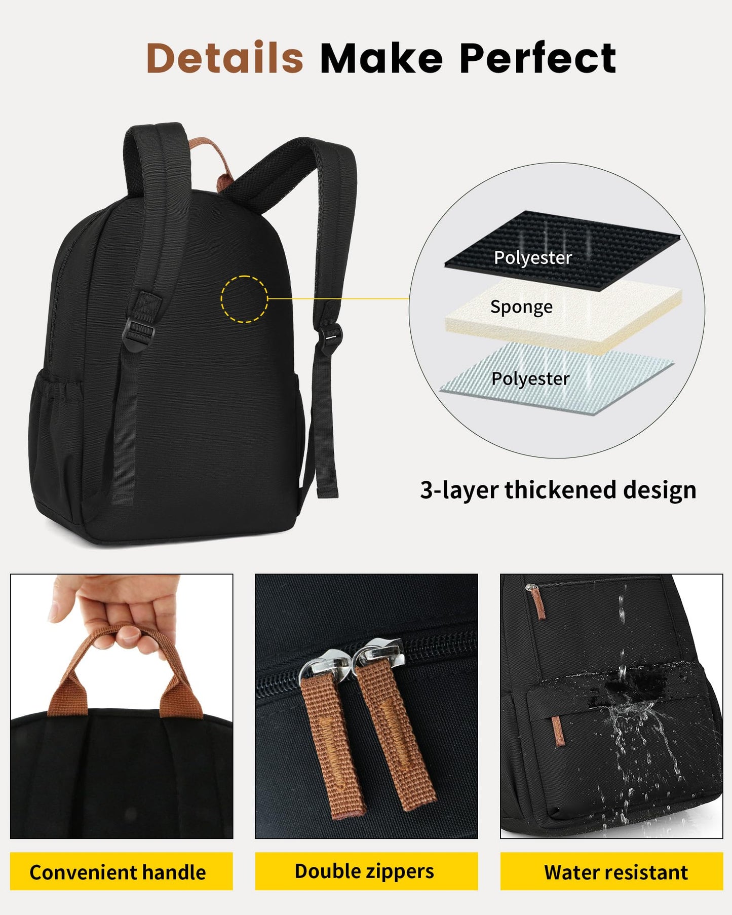 Vorspack Backpack for Men and Women - Lightweight Backpack Classical Basic Bookbag with Multi-pockets Casual Daypack for College Workplace Travel - Black