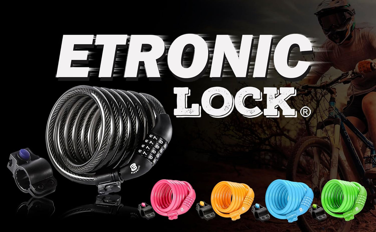 Secure Etronic 6ft Coiled Bike Lock - Resettable Combo Lock with Mounting Bracket