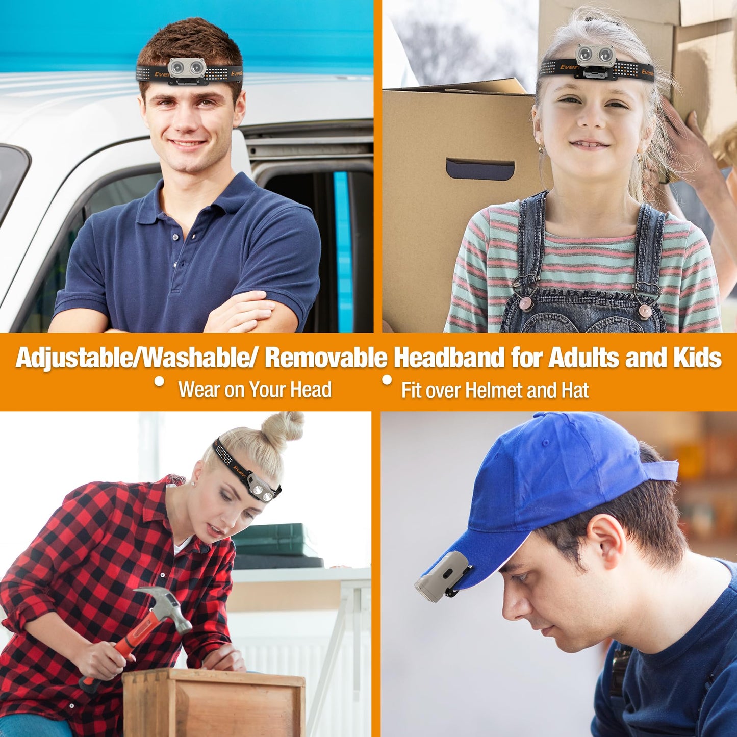 EverBrite Hat Lights Clip On Rechargeable Headlamp with Motion Sensor, 3 Models LED 180° Adjustable Head Lamp to Wear and Clip for Hard Hats, Outdoor Headlight with Red Light for Running, Camping