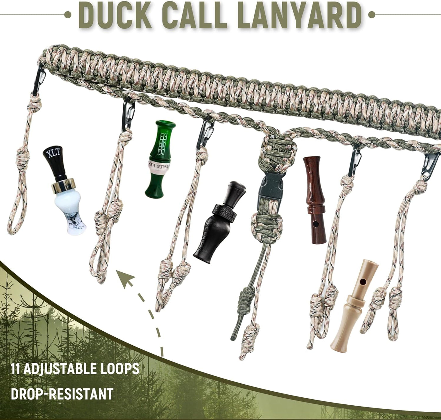 GLORYFIRE Duck Call Lanyard with Removable Drops Secures 11 Call Premium Real Nylon Game Call Lanyard Hand Braided Camo 550LB Paracord Goose Calls for Predator Ducks
