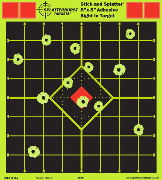 Splatterburst Targets - 8 x 8 inch Sight in Stick & Splatter Adhesive Shooting Targets - Shots Burst Bright Fluorescent Yellow - Great for All Firearms, Airsoft & Pellet Guns - Made in USA (25)