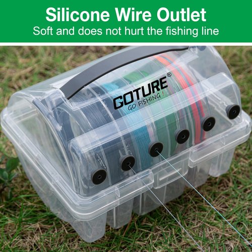 Goture Fishing Line Storage Box - 6 Slot Organizer (2 Large + 4 Standard), Clear Visibility, Silicone Holes