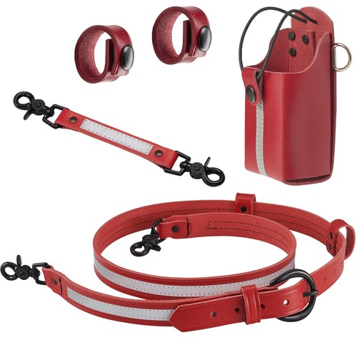 Shield Wallets Reflective Red Leather Firefighter Bundle Anti-Sway Strap for Radio, Firefighter's Radio Holder with Black Rivets