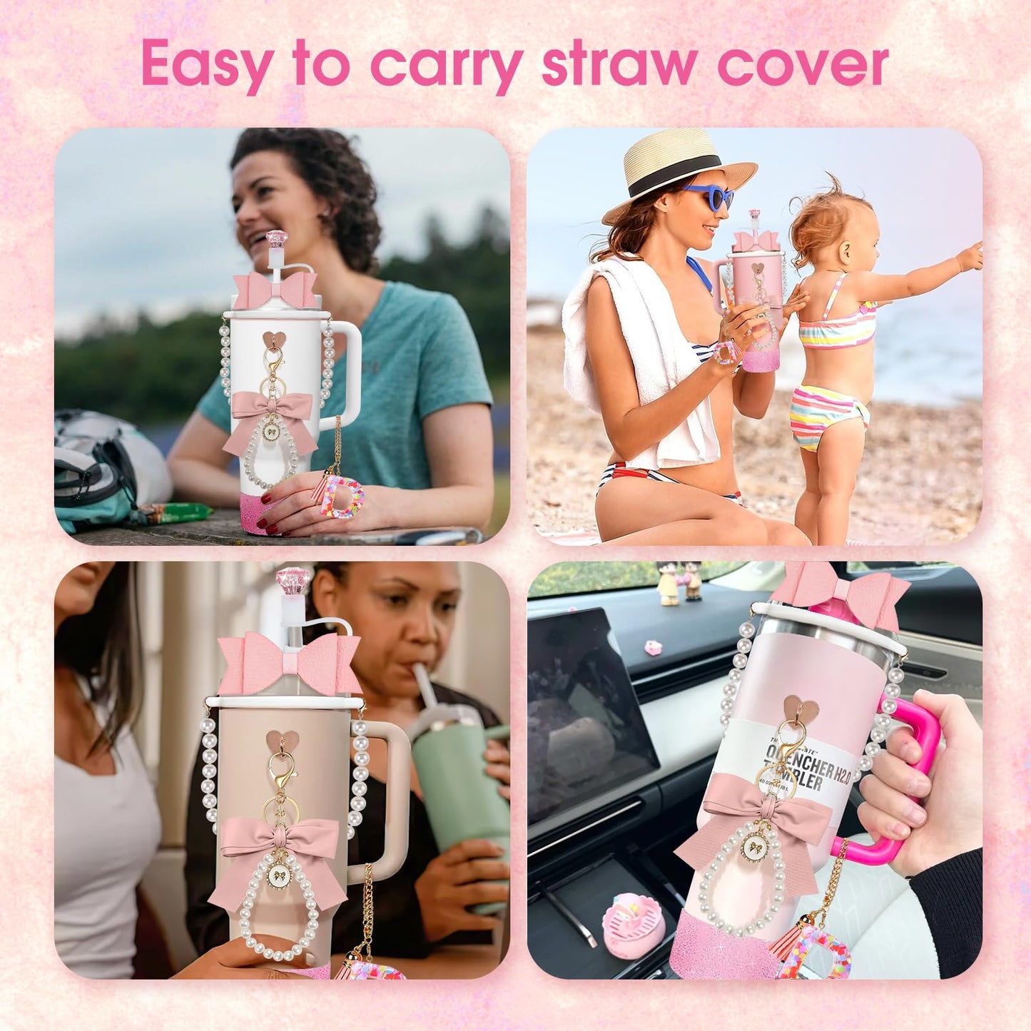 8Pcs Pink Stanley Cup Accessories Set for Stanley Cup 30&40 Oz Tumbler - Silicone Straw Cover Cap and Boot, Letter Charm for Handle, Bow Straw and Charm Decoration, Pearl Water Bottle Handle Strap(D)