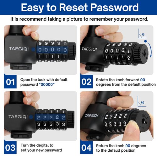 TAEGIQI Upgrade Bike Lock,Bike Chain Lock with 2 Ways to Unlock,5 Digit Resettable Combination and 2 Keys,Heavy Duty Anti-Theft 3.2 Feet,High Security Bicycle Locks for Ebike,Escooter,Gate,Door