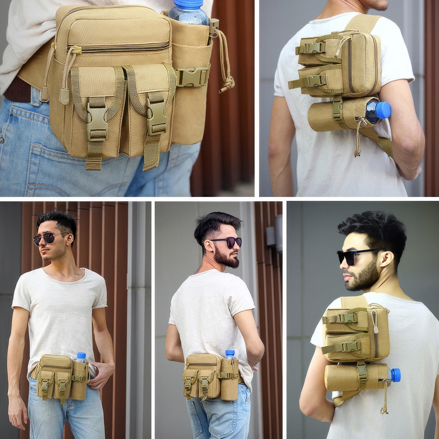 Piscorush Tactical Waist Pack with Water Bottle Holder Versatile and Waterproof Military Fanny Pack Utility Belt for Outdoor Hiking Camping Fishing (Khaki)