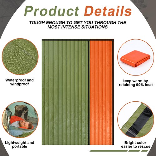 Preboun 50 Pcs Emergency Sleeping Bag Portable Lightweight Survival Bag Thermal Bivy Sack Waterproof Emergency Blanket Survival Gear for Outdoor Camping Hiking Homeless People Shelter (Orange,Green)