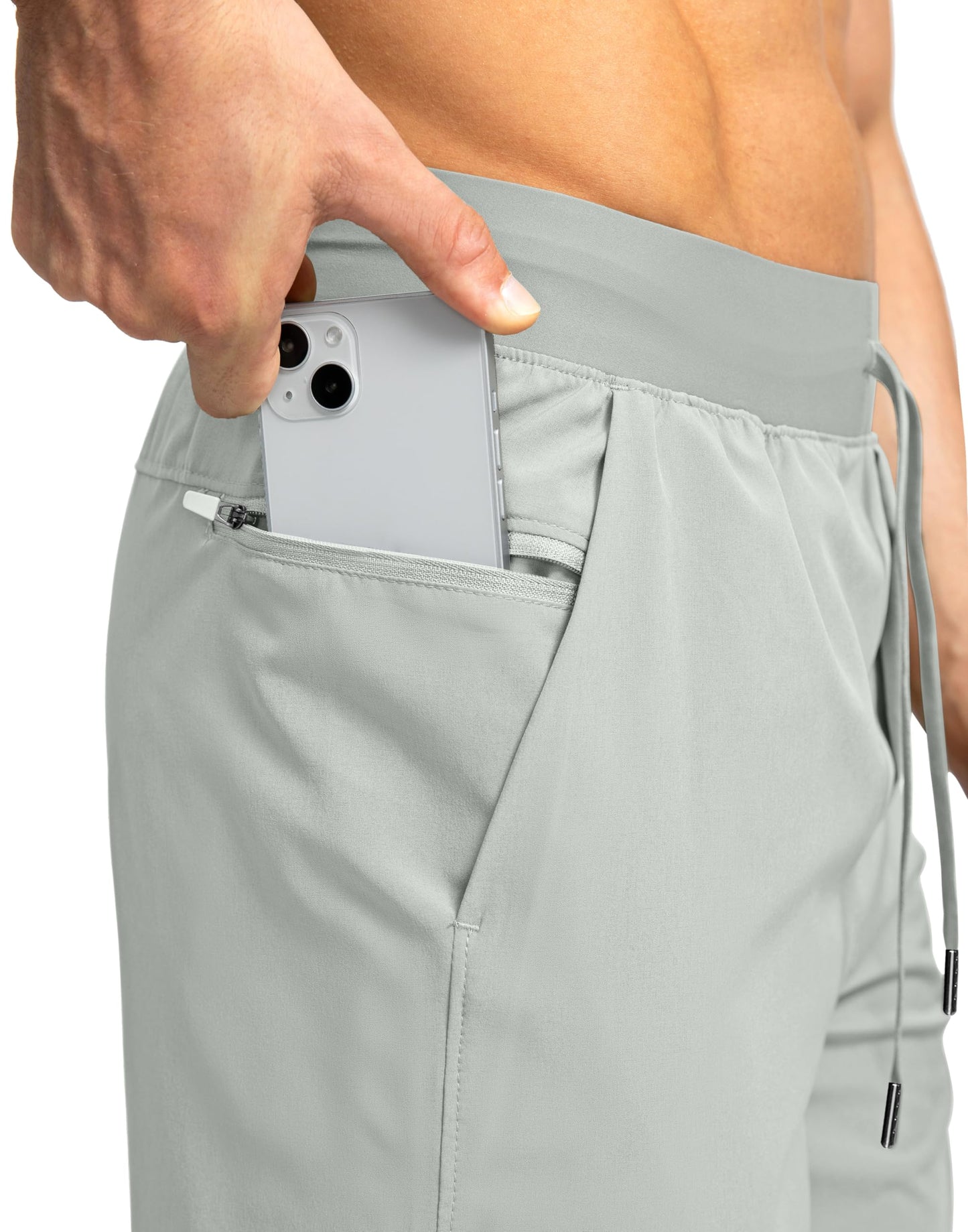 Soothfeel Men's Running Shorts with Zipper Pockets 7 Inch Lightweight Quick Dry Gym Athletic Workout Shorts for Men (Pale White, XXL)
