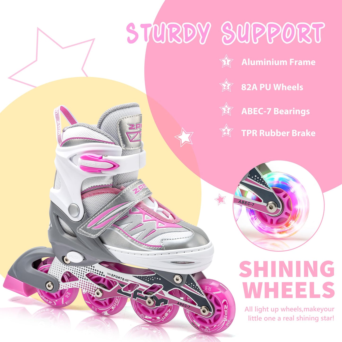 2PM SPORTS Cytia Pink Girls Adjustable Illuminating Inline Skates with Light up Wheels, Fun Flashing Beginner Roller Skates for Kids (Silver, Small - Little Kids (10C-12.5C US))