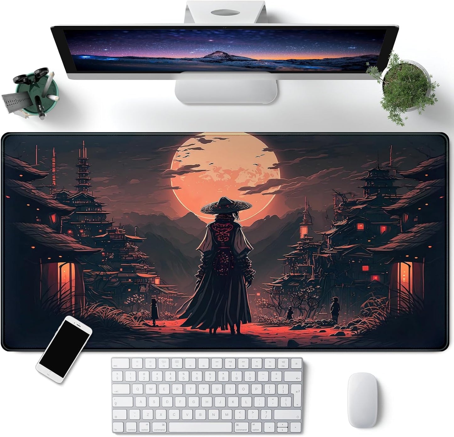 Japanese Desk Mat Riverside Full Moon Desk Pad Black Red Large Mouse Pad Gaming Mousepad Extended XXL Keyboard Pad 31.5 x 15.7 in Laptop Computer Mouse Keyboard Mat for Office Desk Decor