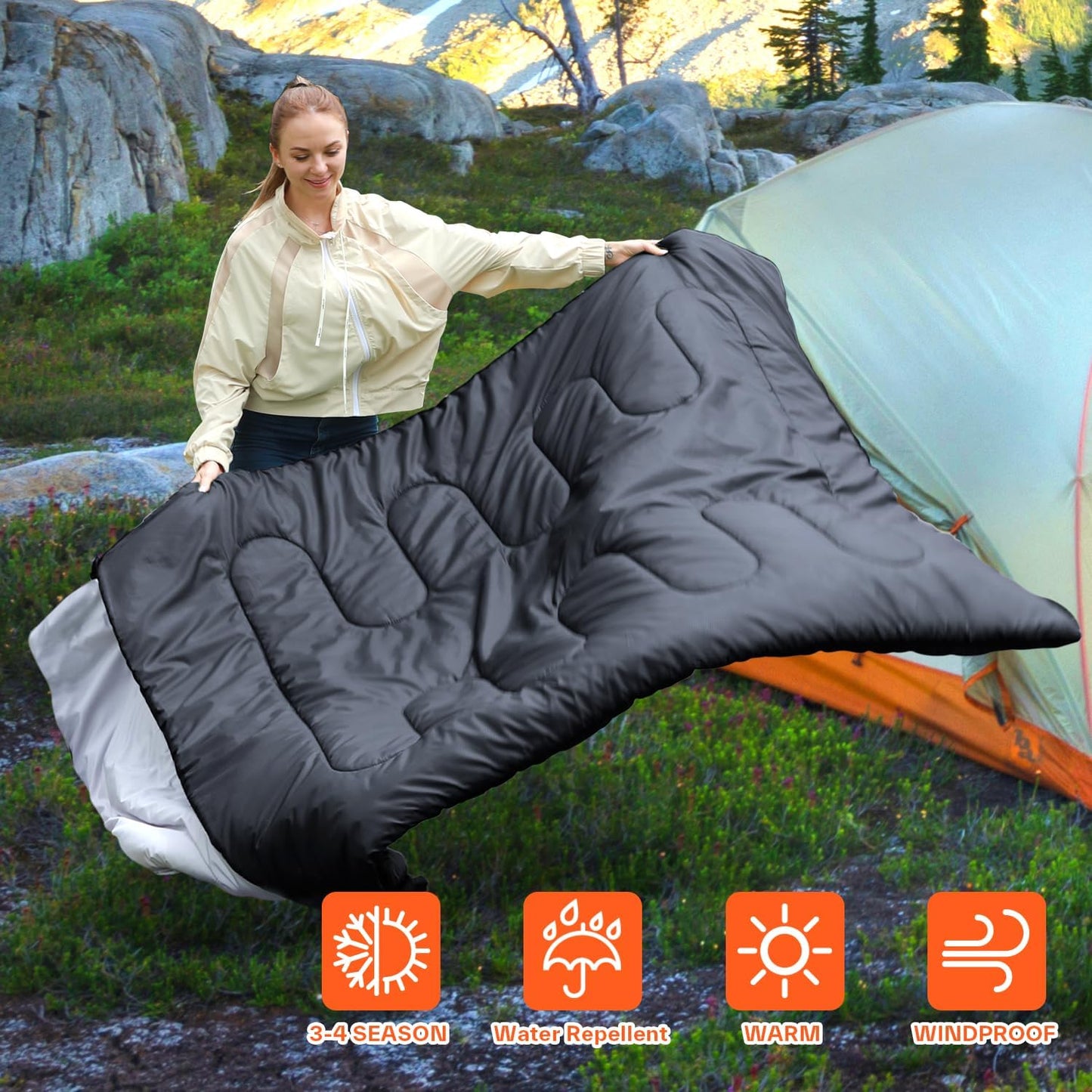 Ohuhu Double Sleeping Bag: Queen Size 2 Person 3 Season for Warm & Cold Weather Camping Sleeping Bag with 2 Pillows, Large Size 87'' x 60'' Waterproof Lightweight