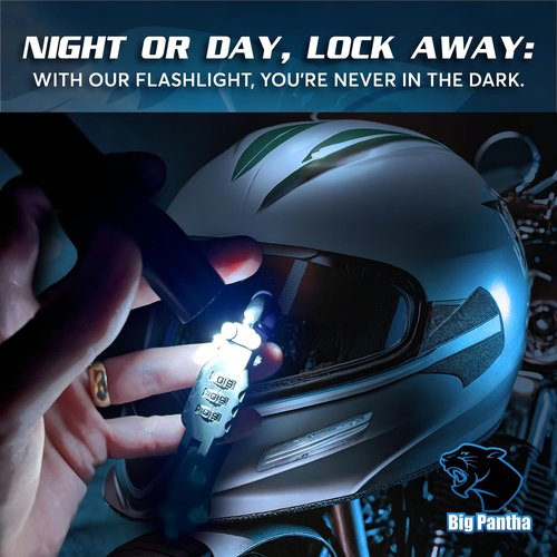 BigPantha Motorcycle Helmet Lock & Security Cable - Blue Carabiner Combination Lock Secures Your Helmet, Jacket, Gloves, or Bag - Helmet Lock with Free Carry Pouch & a Small Flashlight