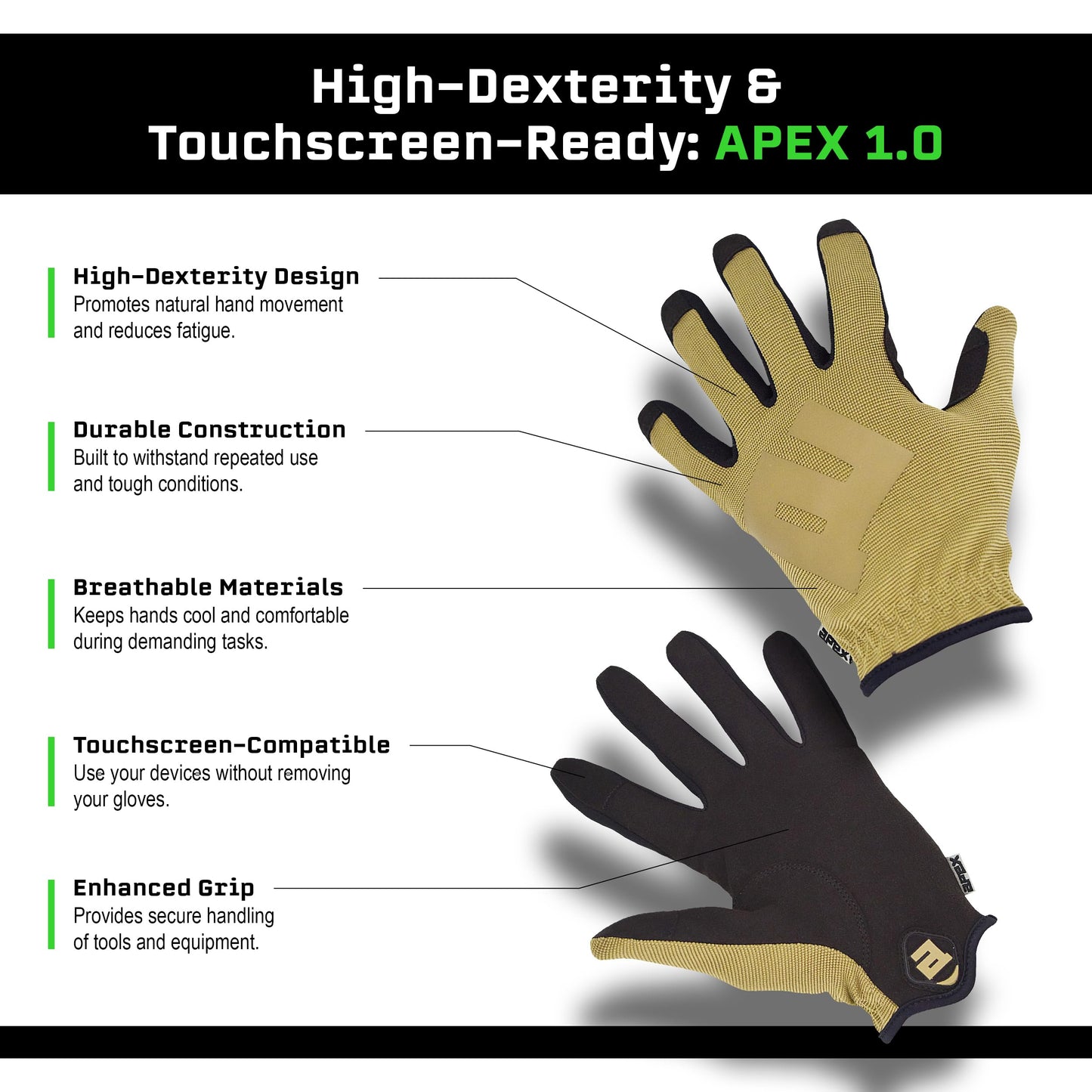APEX 1.0 High Dexterity Gloves for Multi Sport, Hunting, Shooting, Outdoor Protection, Tactical, Full Finger, Snug Secure Fit, Breathable Design, Medium, Coyote