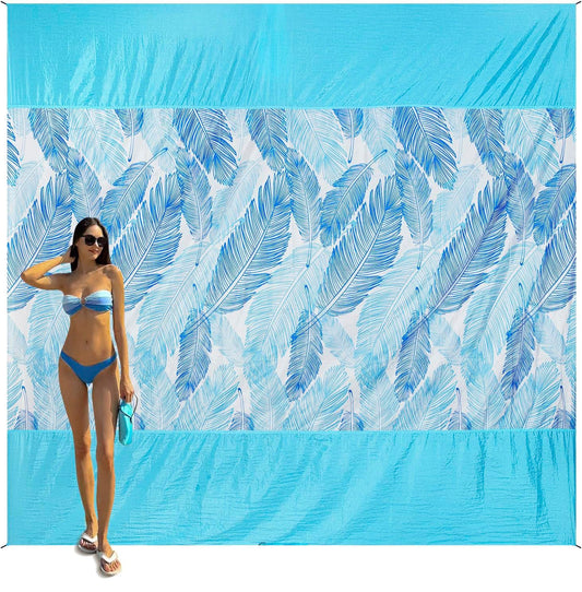 JOYLAMA Beach Blanket Sandproof，Waterproof Beach Mat for Kid Pool, Outdoor Blanket for Beach, Vacation, Picnic Bkanket with Portable Bag, 4 Stakes & 3 Water Bag for 1-5 People(Large)